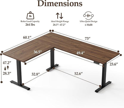 Klicelor L Shaped Standing Desk 73 x 60 Inch, Electric Height Adjustable Corner Desk for Home Office Workstation, Ergonomic Sit Stand Computer Table with Memory Controller, Dark Walnut