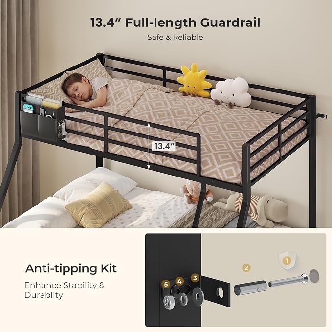 BTHFST Twin Over Full Bunk Bed with Trundle & 6 Storage Drawers, Bunk Bed with LED Lights, Heavy Duty Metal Bunkbeds with Ladder and Full-Length Guardrail, Space Saving, Black