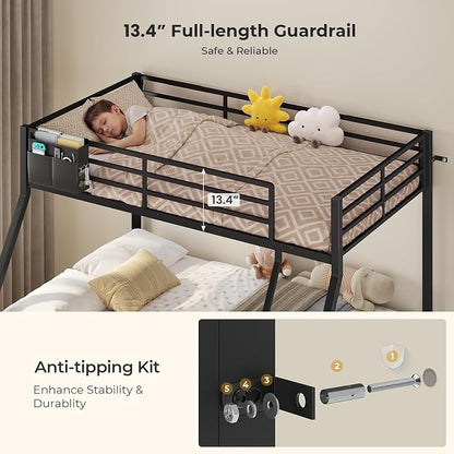 BTHFST Twin Over Full Bunk Bed with Trundle & 6 Storage Drawers, Bunk Bed with LED Lights, Heavy Duty Metal Bunkbeds with Ladder and Full-Length Guardrail, Space Saving, Black