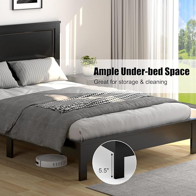 Wood Bed Frames with Headboard, Mid Century Bed Frame with Solid Wood Legs & Wooden Slat Support, Mattress Foundation Bed Base, No Box Spring Needed, (Black, Queen (U.S. Standard))