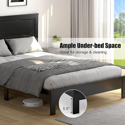Wood Bed Frames with Headboard, Mid Century Bed Frame with Solid Wood Legs & Wooden Slat Support, Mattress Foundation Bed Base, No Box Spring Needed, (Black, Queen (U.S. Standard))