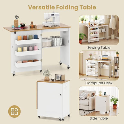 Giantex Folding Sewing Table with Charging Station, Rolling Craft Table with Storage Trays & Shelf, Foldable Sewing Machine Cabinet Desk with Lockable Wheels for Small Spaces (White & Natural)