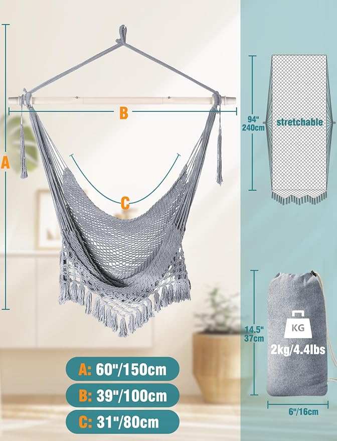 Chihee Hammock Chair Handmade Hanging Chair Cotton Rope Woven Hanging Seat Soft-Spun Large Stretch Hammock Swing, Collapsible Strong Metal Spreader Bar Elegant Macrame Comfort Indoor Outdoor Garden