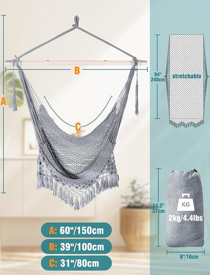 Chihee Hammock Chair Handmade Hanging Chair Cotton Rope Woven Hanging Seat Soft-Spun Large Stretch Hammock Swing, Collapsible Strong Metal Spreader Bar Elegant Macrame Comfort Indoor Outdoor Garden