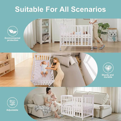 Flwrgirl Mini Baby Crib with Mattress,Portable Bedside Sleeper & Bassinet,5 Adjustable Heights,Wood Nursery Crib with Locking Wheels,Compact Baby Bed for Newborns & Infants,White