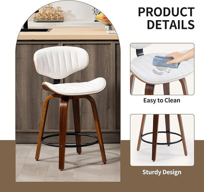 Counter Height Bar Stools, 24 inch PU Leather Wooden Bentwood Barstools Swivel Modern Breakfast Bar Chairs with Backrest and Footrest for Kitchen Island, Dining Room, Bar D035-White-1