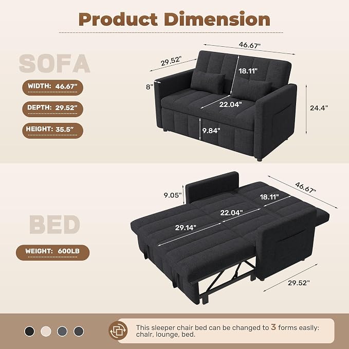 Nebuaegis Sleeper Sofa Bed,3-in-1 Convertible Pull Out Couch with Adjustable Backrest for Living Room,Loveseat Sofa Bed with Side Pockets,Easy Assembly,Dark Gray,1 PCS