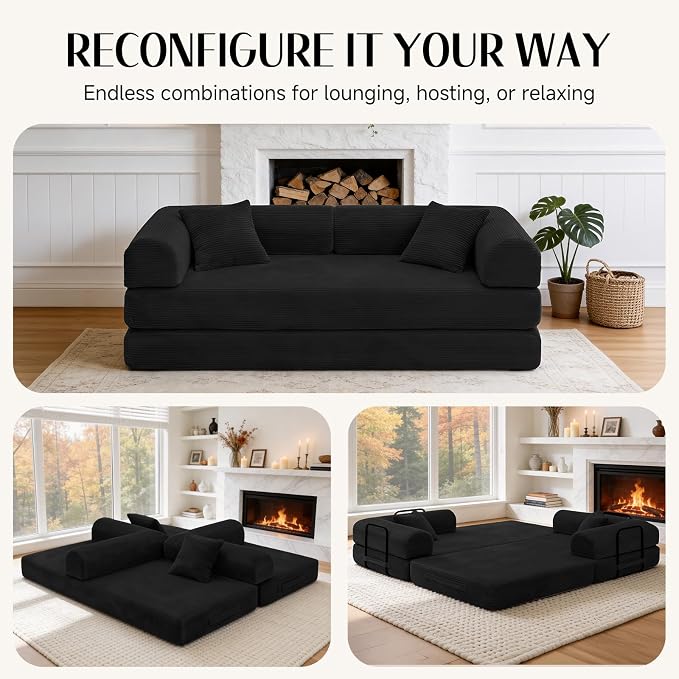 78.8" Memory Foam Boneless Couch, Corduroy Floor Sofa Bed, Convertible Sleeper Futon Loveseat, Wide Armrests & Back Support, Supports Up to 1200 lbs, Couch in a Box with 2 Pillows, Black