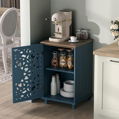 JOINICE Small Accent Cabinet with Hand-Carved Door for Living Room/Bedroom | Hand-Carved Floral Design, Farmhouse/Rustic Style, Space-Saving, Sofa Table, Solid Wood Legs, Adjustable Shelf, Easy Assembly