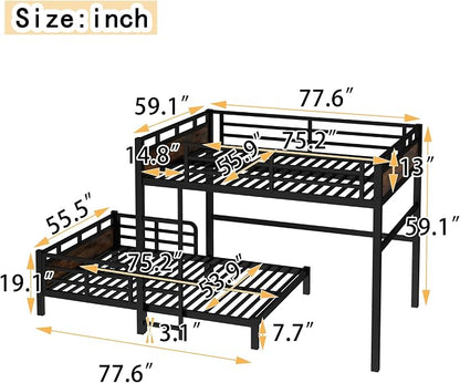 Full Over Full Metal Bunk Bed, Heavy Duty Convertible Bunk Bed Frame with Headboard & Full Guardrails, Can Be Split into Two Platform Beds or Loft Bed, Vintage