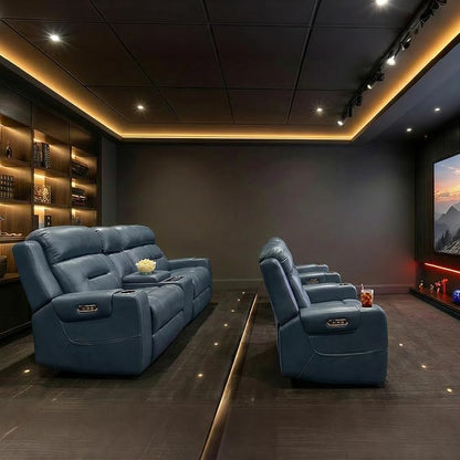 Watson & Whitely Oversized Genuine Leather Power Recliner Chairs for Big and Tall, Extra Wide Lay Flat Recliner with Power Headrest & Cup Holders, Electric Reclining Sofa for Living Room, Navy Blue
