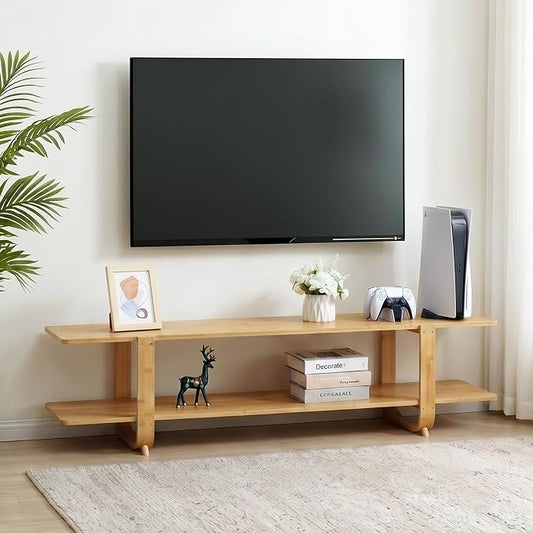 HollyHOME Bamboo TV Stand with Storage for TVs up to 65'', Modern Entertainment Center with 2 Open Shelf, Accent TV Media Console Table for Living Room, Bedroom, 55"(L), Burlywood