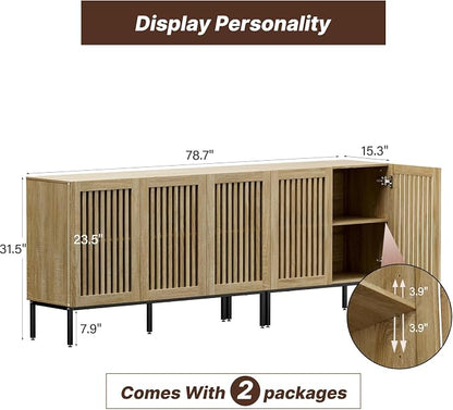 BVIUNTWO 79" Farmhouse Buffet Cabinet with Metal Base, Adjustable Shelves & 5 Doors, Oak Storage Sideboard for Kitchen, Dining & Living Room