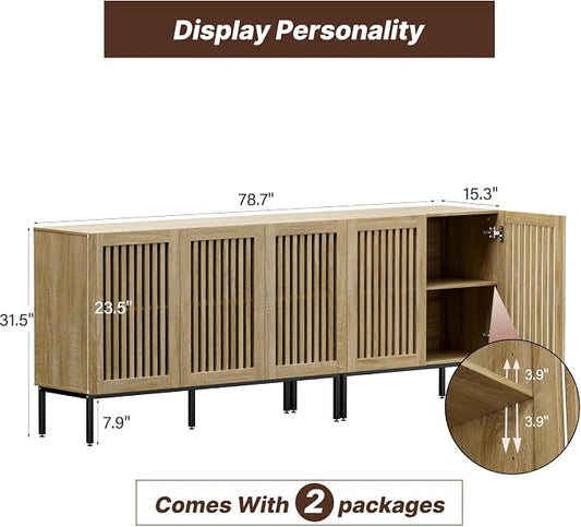 BVIUNTWO 79" Farmhouse Buffet Cabinet with Metal Base, Adjustable Shelves & 5 Doors, Oak Storage Sideboard for Kitchen, Dining & Living Room