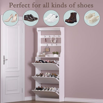 BORNOON Shoe Cabinet with 3 Flip Drawers & Coat Rack, Narrow Hidden Shoe Storage Cabinet, 2-in-1 Hall Tree Slim Freestanding Shoe Rack Organizer for Entryway, Hallway, and Living Room