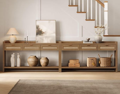 SICOTAS 60" Rattan Console Table Set of 2 - Farmhouse Entry Table Sofa Table with 3 Drawers, Narrow TV Console Table with Storage for Living Room, Hallway, Entryway