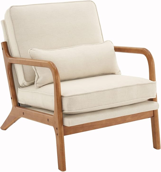 Bonnlo Fine Linen Beige Mid Century Modern Accent Chair, Soild Wood Padding Lounge Armchairs Side Sitting Chairs for Living Room, Bedroom, Guest Room