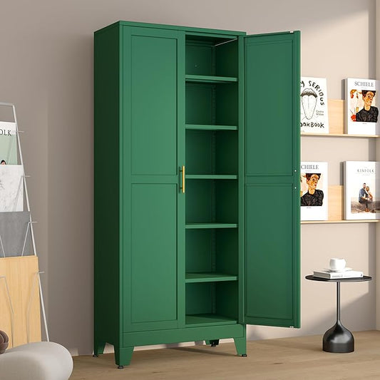 Metal Pantry Cabinet with 2 Doors and 5 Adjustable Shelves, 75"Kitchen Storage cabinets with Gold Handles, Versatile Storage for Laundry Room, Living Room, Bathroom, Dinning Room, Utility Room-Green