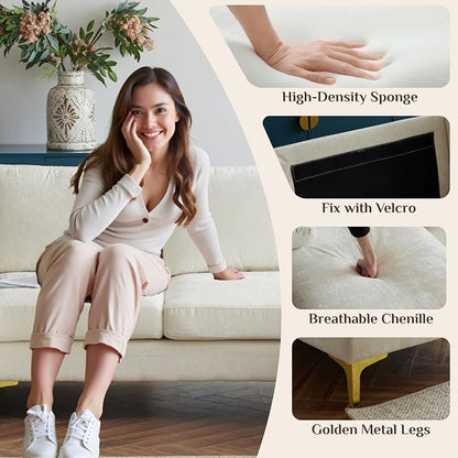 Karl home Convertible Sectional Sofa 110" U-Shape Sofa Couch 4-Seat Couch with Chaise ChenilleFabric Upholstered for Living Room, Apartment, Office, Creamy White