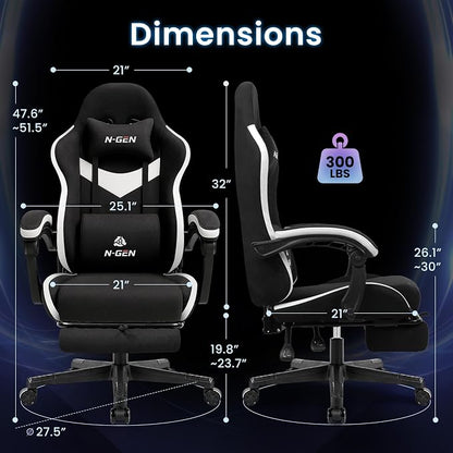 N-GEN GAMING Video Gaming Chair with Footrest Lumbar Support for Home Office High Back Recliner Height Adjustable Ergonomic Comfy Fabric Computer Desk Chair (Black)