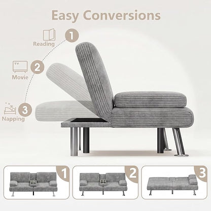 Flamaker Futon Sofa Bed Modern Folding Futon Set Convertible Recliner Lounge for Living Room with 2 Cup Holders, Removable Armrests (Corduroy, Marble Grey)