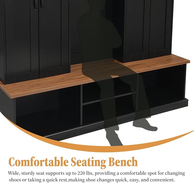 Hall Tree with Bench and Shoe Storage,Shoe and Coat Rack with Drawer and Hooks,Farmhouse Furniture for Entryway,Mudroom,Living Room,Black (Black, 62.2" W)