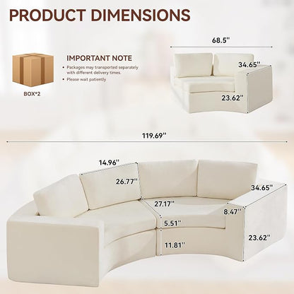 WUTUTUEE 119'' Curved Round Boneless Sofa, Oversized Modular Sectional Sofa with Deep Seat & Arms, Chenille Memory Foam Sofa with Pillows, Upholstered Comfy 4 Seat Couch for Living Room, White