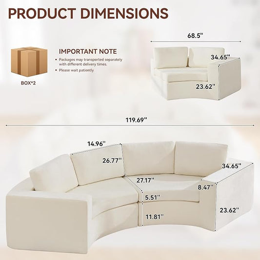 WUTUTUEE 119'' Curved Round Boneless Sofa, Oversized Modular Sectional Sofa with Deep Seat & Arms, Chenille Memory Foam Sofa with Pillows, Upholstered Comfy 4 Seat Couch for Living Room, White