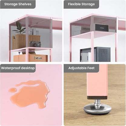 MINOSYS 47-inch Computer Desk with Storage Shelf - Ideal Gaming Desk for Bedrooms, Small Spaces, and Home Offices Modern Writing Desk for PCs,Pink Table.