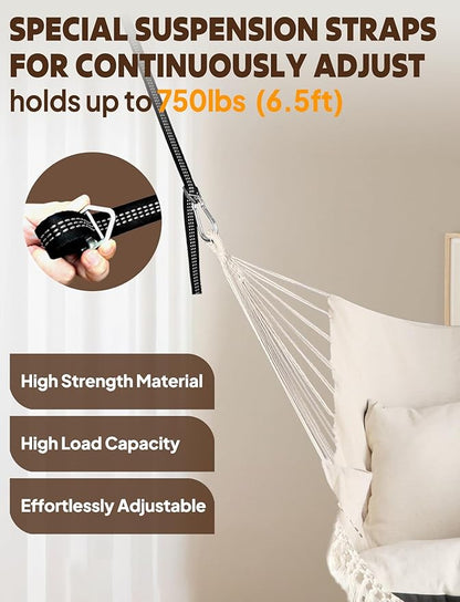 Chihee Hammock Chair Hanging Swing 2 Pillows Included,Strong Webbing Straps and Hooks for Easy Hanging Soft Cotton Hanging Chair Side Pocket Tassel Chair Comfort Indoor Outdoor
