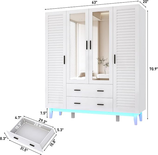 Hlivelood 4 Door Armoire Wardrobe Closet Cabinet with Drawers and LED Lights, Multi-Tier Shelves, Hanging Rod & 4 Louver Doors, Large Capacity Storage Wardrobe Armoire for Bedroom, White