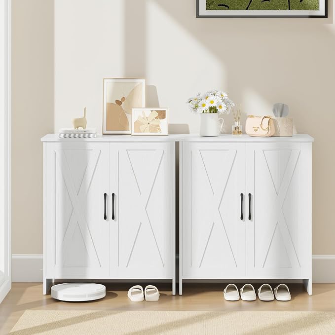 Farmhouse Shoe Storage Cabinet, 5-Tier Wooden Shoe Cabinet Organizer with 2 Barn Doors & 3 Adjustable Shelves, Shoe Cabinet for Entryway, Hallway, White