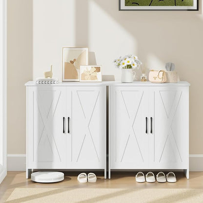 Farmhouse Shoe Storage Cabinet, 5-Tier Wooden Shoe Cabinet Organizer with 2 Barn Doors & 3 Adjustable Shelves, Shoe Cabinet for Entryway, Hallway, White