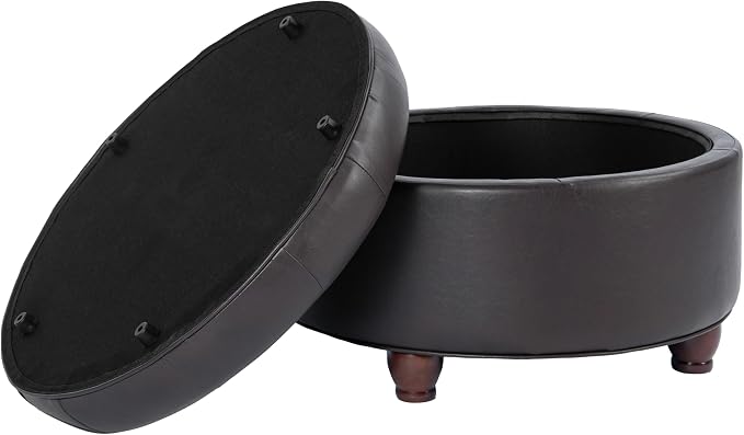 HomePop 25" Button Tufted Round Storage Ottoman - Distressed Brown Faux Leather