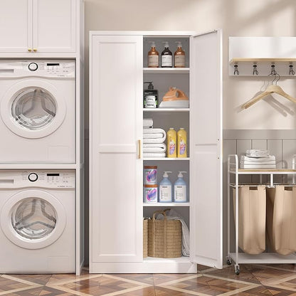 SteeLoong Kitchen Pantry Cabinet,71”White Metal Pantry Storage Cabinet with Doors and 4 Adjustable Shelves,Kitchen Cabinet with 2 Gold Handles,Tall Cabinet for Livingroom,Pantry, Bathroom,Kitchen