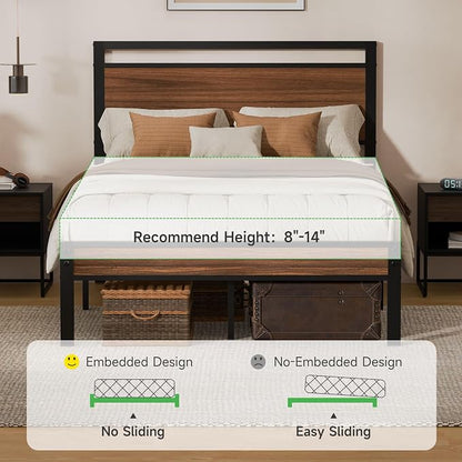 Z-hom Full Metal Bed Frame with Wooden Headboard and Footboard, Heavy Duty Platform Frame with Metal Slats, No Box Spring Needed, Quiet and Non-Slip Design, Space Saving Bed Frame for Bedroom,Walnut