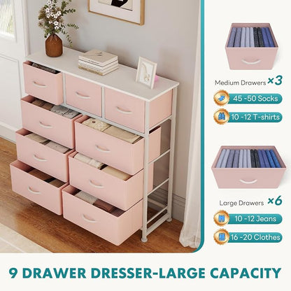 OLIXIS 9 Drawer Storage Dresser with Wood Top - Wide Fabric Chest Organizer for Bedroom, Closet, Living Room,Tower Cabinet, TV Stand, Hallway Entryway Furniture,Pink