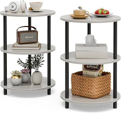 XBurmo Small Round End Table - 3 Tier Design Accent Table, Narrow Side or Bedside Stand, Industrial Vintage Nightstand for Bedroom, Living Room, or Small Spaces, Set of 2, Greige