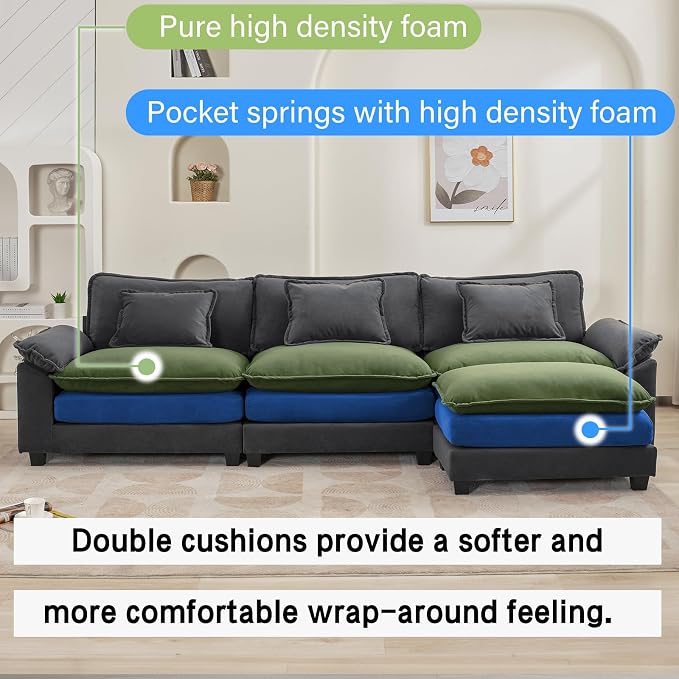Oprisen 120" Modular Sectional Sofa, Comfy Cloud Couch Sectional Sofa with Ottoman, Velvet Sofa Sleeper Deep Seat Sofa with Throw Pillows for Living Room (Blue Gray, 120"- L Shape)