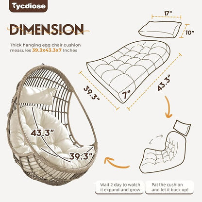 Outdoor Hanging Egg Chair Cushion Replacement, Thicken Egg Chair Cushion Waterproof Basket Eggs Chairs Cushion with Headrest Pillow, U-Shaped Cushions for Hanging Eggs Chairs Swing (Cream)