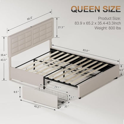 VECELO Queen Size Bed Frame with 4 Storage Drawers & Adjustable Headboard, Built-in Charging Station, Upholstered Bedframe with Wood Slats Support, Beige