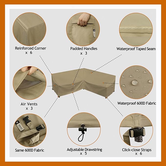 Heavy Duty Outdoor Sectional Sofa Cover, 115"X115" Waterproof 600D Patio Sectional Couch Protector, V-Shaped Lawn Winter Patio Furniture Covers-Desert Khaki