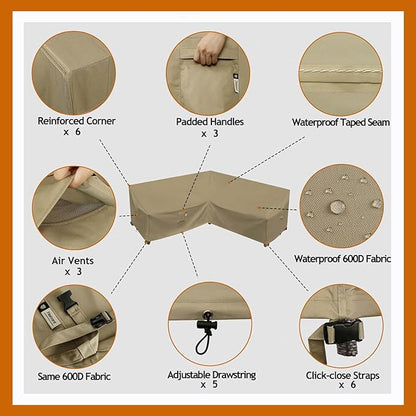 Heavy Duty Outdoor Sectional Sofa Cover, 115"X115" Waterproof 600D Patio Sectional Couch Protector, V-Shaped Lawn Winter Patio Furniture Covers-Desert Khaki