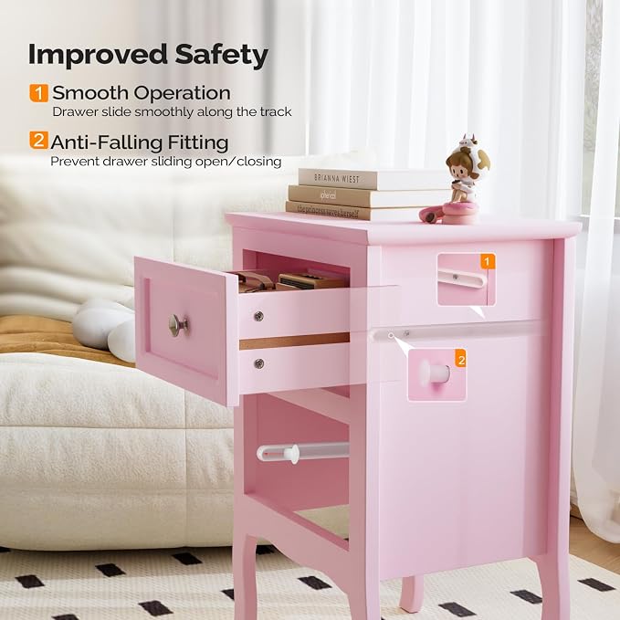 Bonnlo Nightstand Set of 2, Nightstands with 2 Drawers, Bed Side Table/Night Stand, Pink Nightstand, Small Nightstand for Bedroom, College Dorm, Kids’ Room, Living Room, Wood, 16W x 12D x 24H