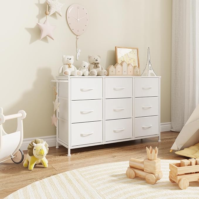 Dresser for Bedroom, Small Fabric Dressers for Kids Bedroom, 9 Drawers Dresser for Closet, Storage Organizer Chest of Drawers for Nursery, Dorm, Apartment, TV Stand, Wooden Top, Side Hooks (White)