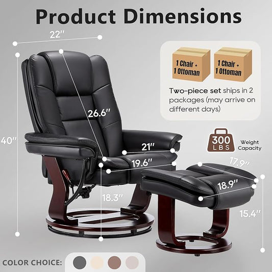 Swivel Recliner Chair with Ottoman Reclining Lounge Sofa Footrest, Set of 1 | 360°Sturdy Wood Base, Soft PU Leather, Upholstered Ultra-Plush Foam, Modern Armchair, Living Room Bedroom Office Reading Home