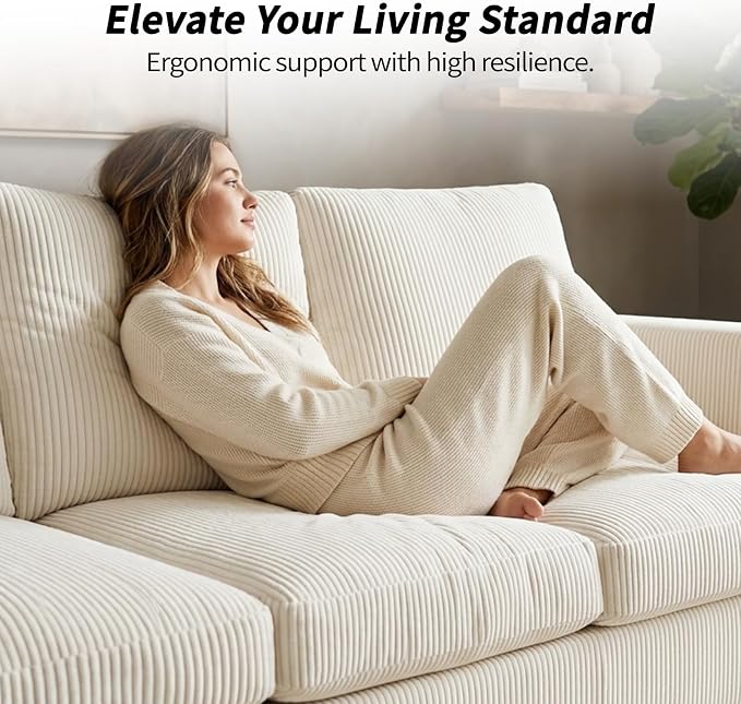 Modern 3 Seater Sofa for Living Room with Soft Deep Seats, Sofa 3 Seater in Linen, Upholstered Apartment Sofa with Armrests, Comfy Cozy Sofas for Bedroom (Corduroy, White)