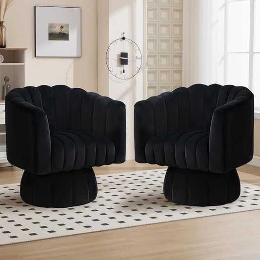 Swivel Accent Barrel Chair Set of 2- Cute Comfy Small Round 360° Arm Chair Velvet Sofa Club Reading Chair for Living Room Bedroom Office Black