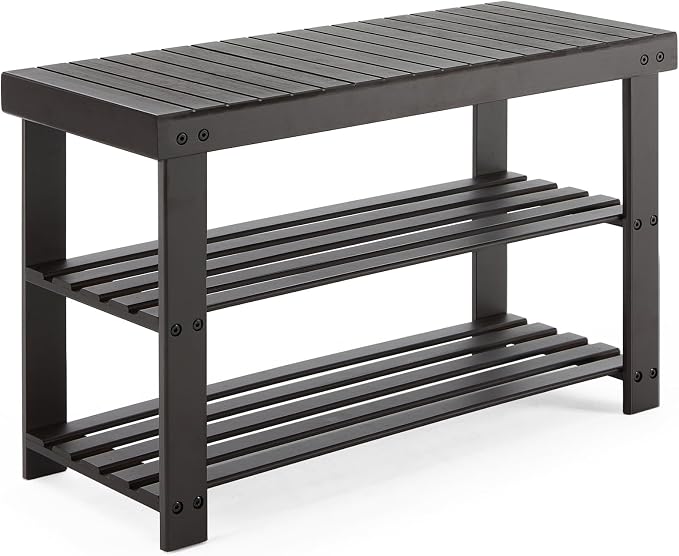 DUMOS Wooden Shoe Rack Bench with Storage, 3-Tier Bamboo Entryway Benches, Shoe Rack Holds Up to 286 lb Storage Organizer, 11.3 x 27.6 x 17.8 Inches, Suitable for Bedroom Living Room Balcony, Brown