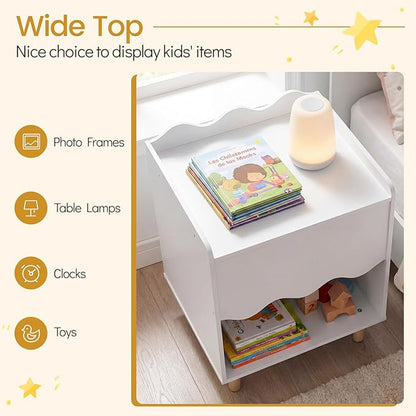 Costzon Nightstand, Kids Scalloped Side Table w/Wide Top, Large Storage Compartment & Solid Rubber Wood Legs, Wooden End Table for Children's Play Room, Bedroom, Living Room (White)